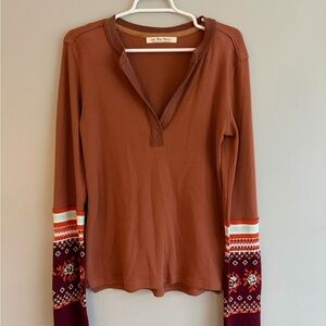 We The Free Rust Long Sleeve Top with Patterned Sleeves
